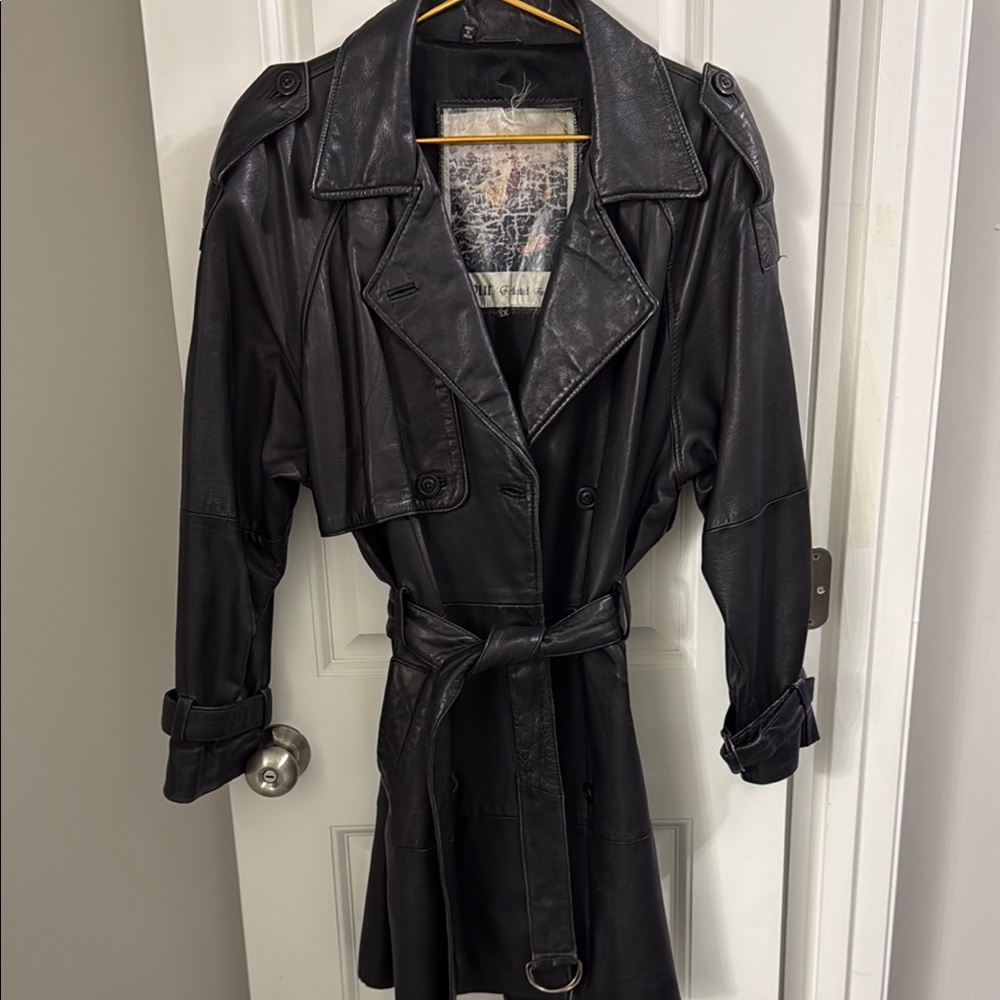 Vintage 80s Black Leather Trench Coat